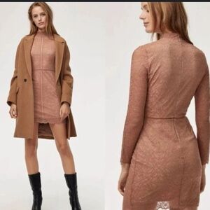 WILFRED Janvry Lace Dress Mock Neck Cocktail Party Mini Dress Neutral, sz 4
